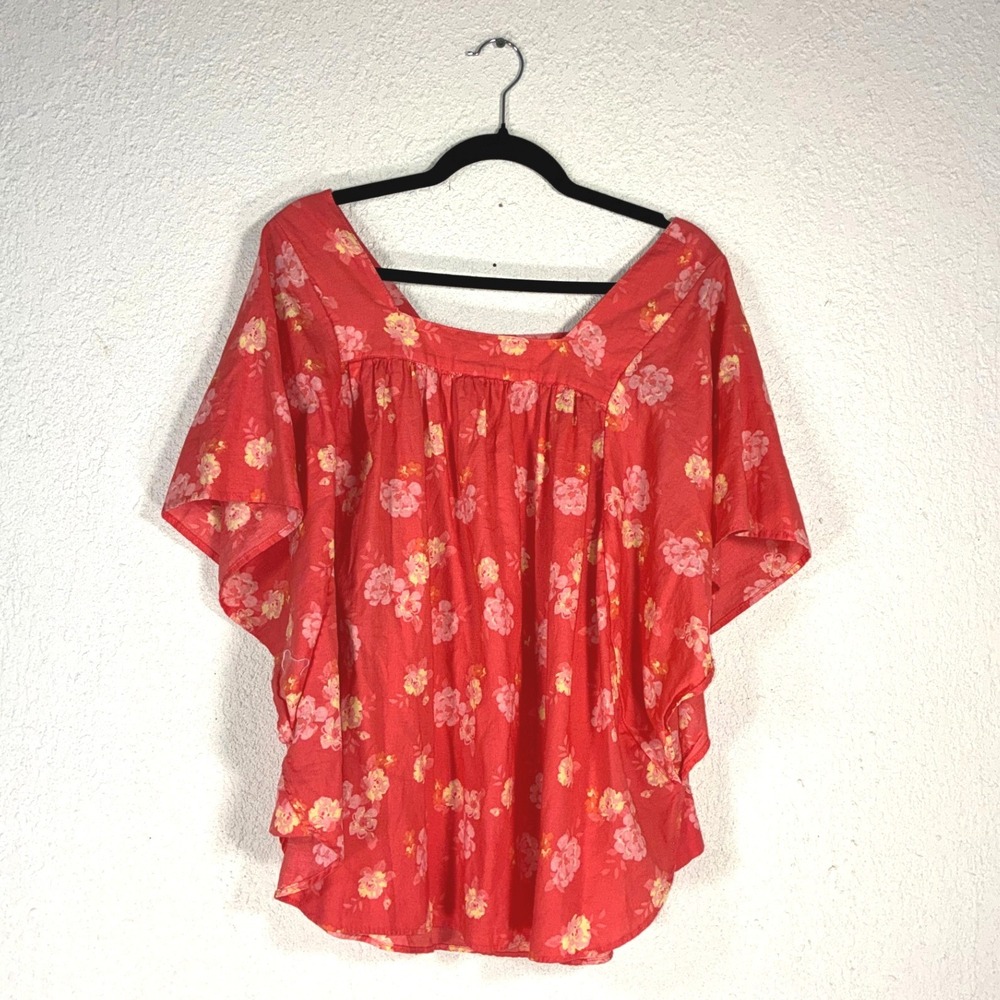 Time and Tru Womens XXL 20 Floral Flutter Sleeve Blouse Coral Fire Print Cotton